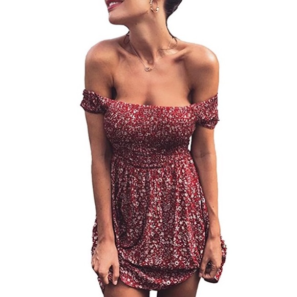 NEW BOHO FLORAL RED OFF THE SHOULDER SHORT DRESS - Picture 2 of 3