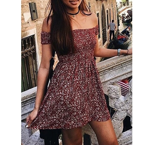 NEW BOHO FLORAL RED OFF THE SHOULDER SHORT DRESS - Picture 3 of 3