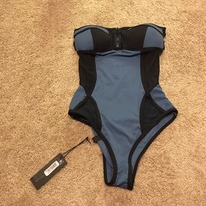 Blue and black one piece swim suit