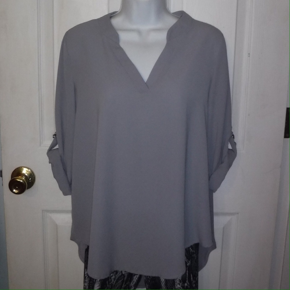 Gray rolled cuff lightweight high low blouse
