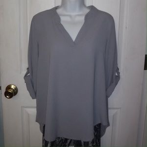 Gray rolled cuff lightweight high low blouse