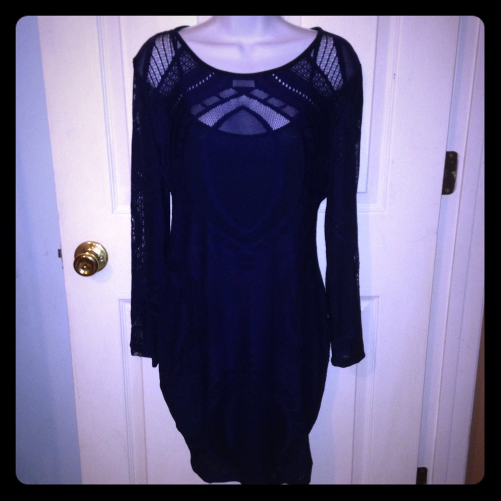 Navy body con lace dress with built in black slip