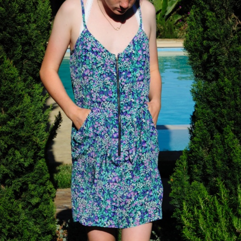 ANLO Green Floral Sundress Dress With Pockets