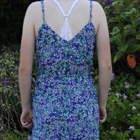 ANLO Green Floral Sundress Dress With Pockets - Picture 4 of 6