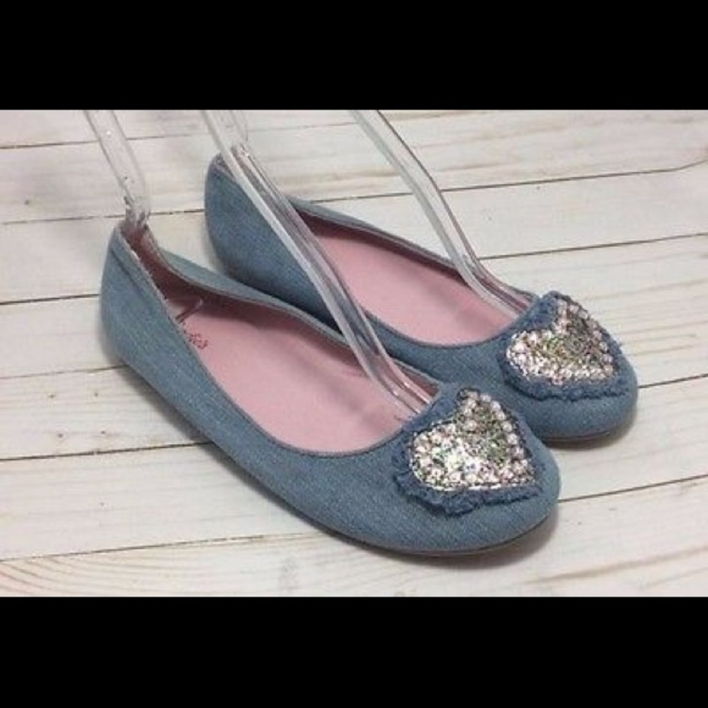 Vtg 90s Heart Denim Glitter Flat Flats Grunge Shoe