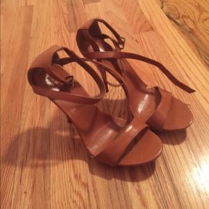 Strappy deep tan pleather stiletto sandals
