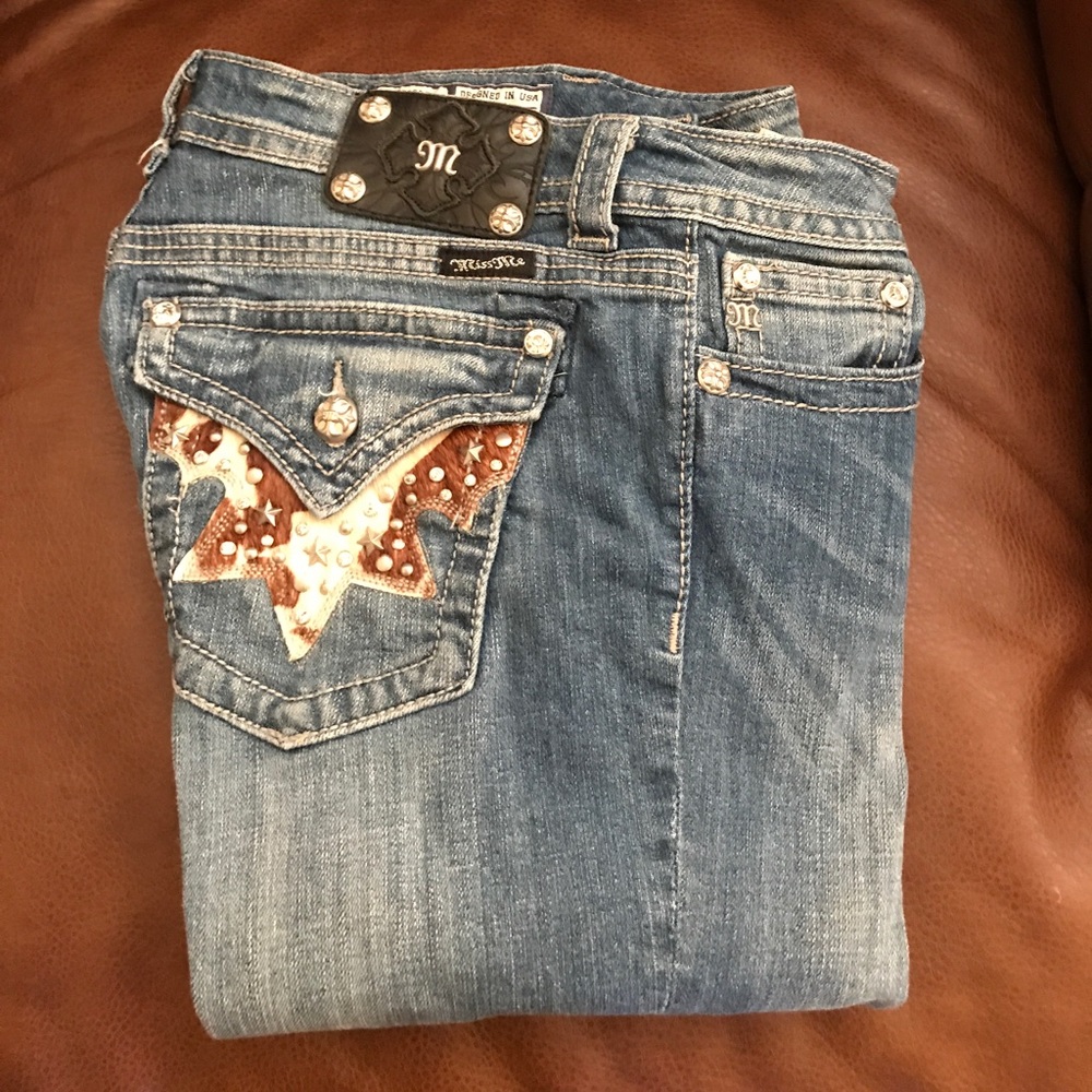Miss Me Cow Hide Boot cut jeans.  size 29 x 34