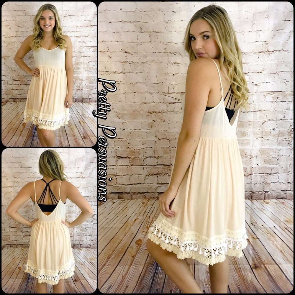 NWT Crochet Fringe Hem Almond Baby Doll Slip Dress - Picture 2 of 4