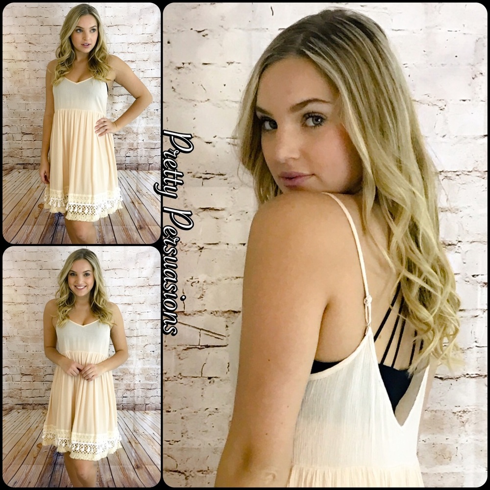 NWT Crochet Fringe Hem Almond Baby Doll Slip Dress - Picture 4 of 4