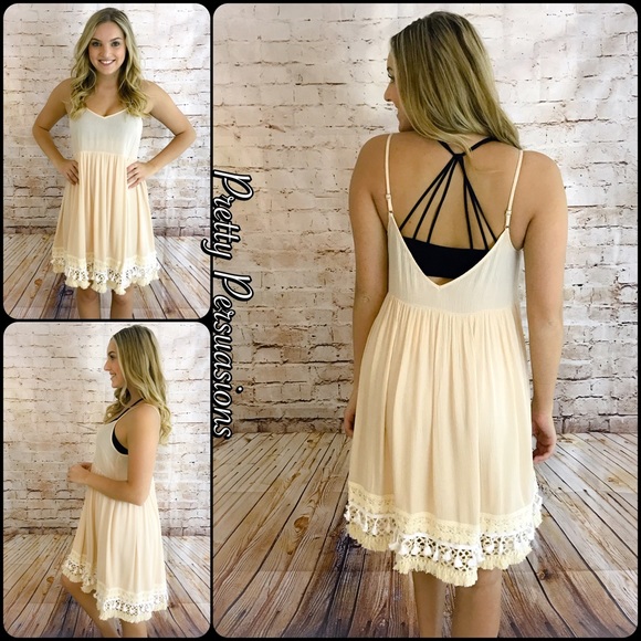 NWT Crochet Fringe Hem Almond Baby Doll Slip Dress - Picture 3 of 4