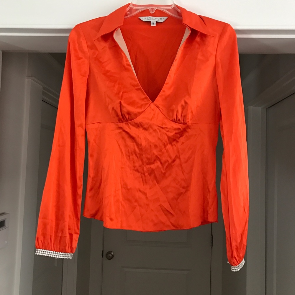 Trina Turk orange silk rhinestone top S