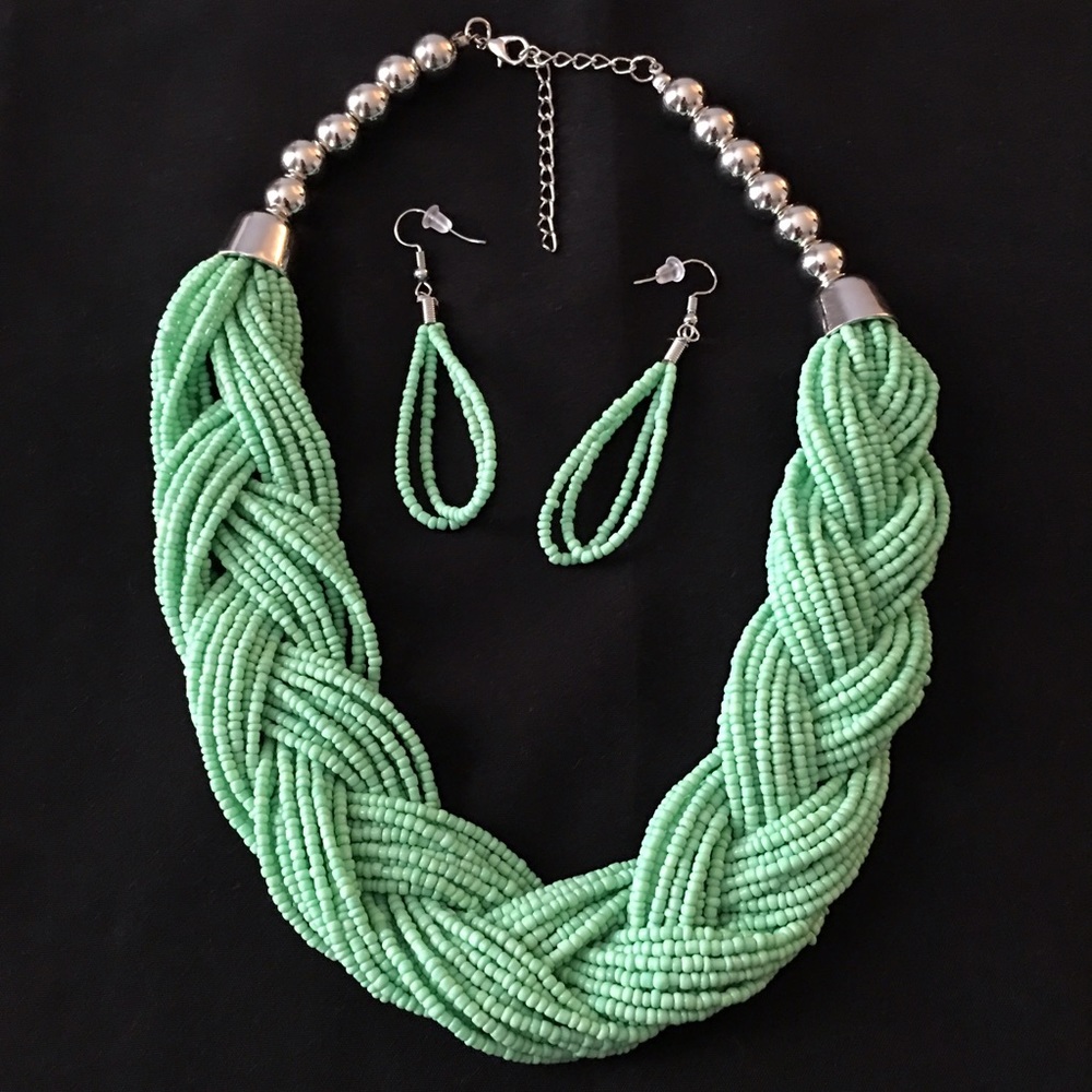 Mint Color Seed-Bead Braided Necklace