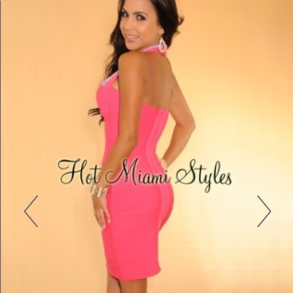 Fuchsia Lavender Trim Halter Bandage dress!!
