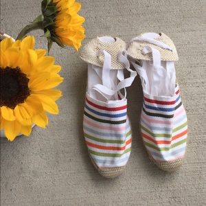 NWOT Rainbow Striped Espadrille Wedges Size 38/8