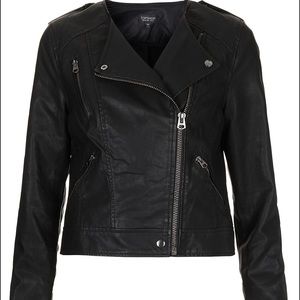 Collarless Leather Biker Jacket