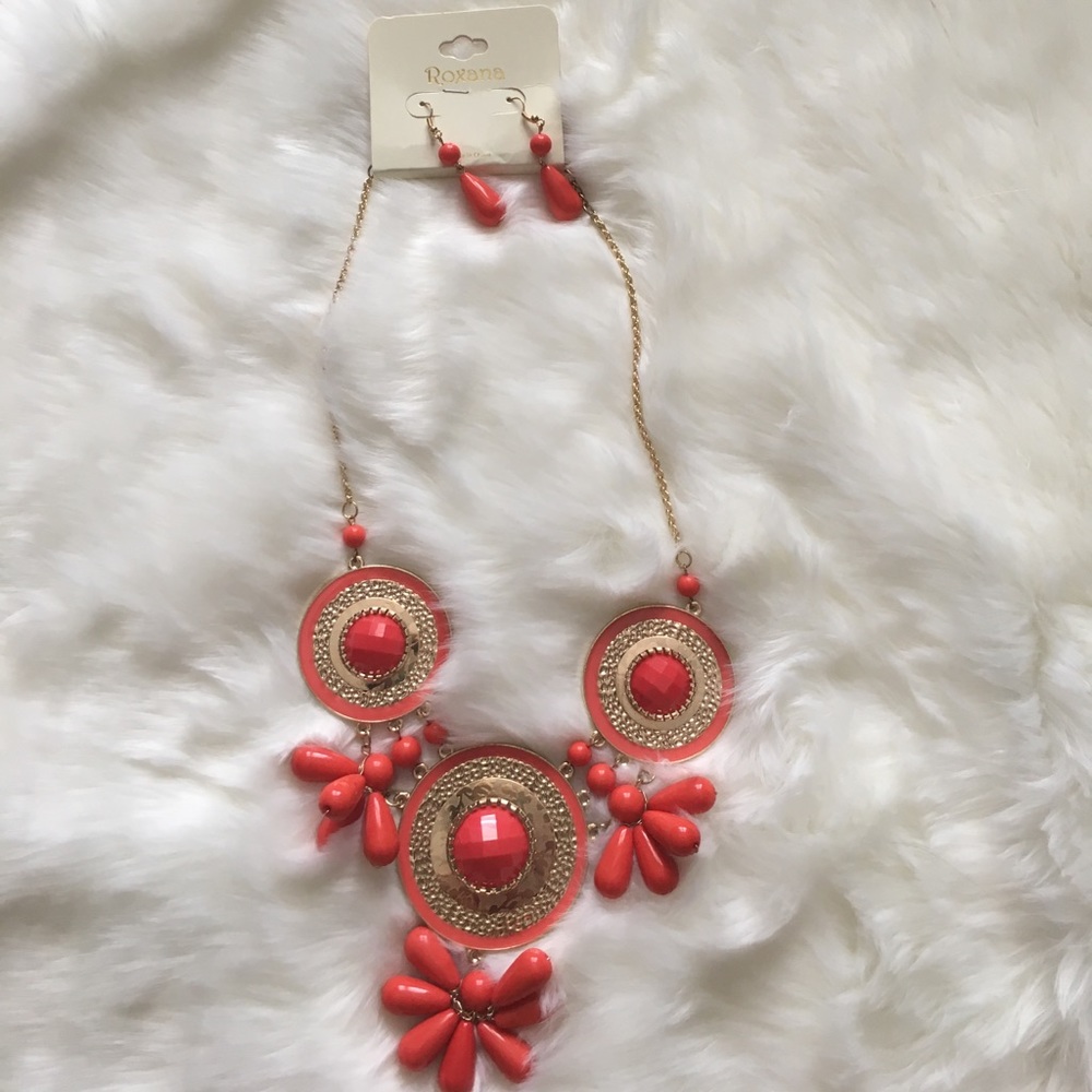 Boutique orange and gold necklace and earrings