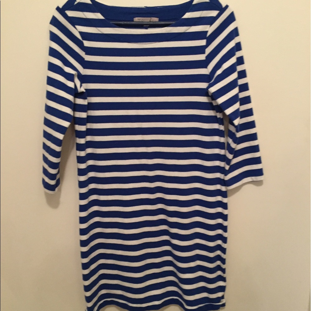 Blue striped mid-length dress.