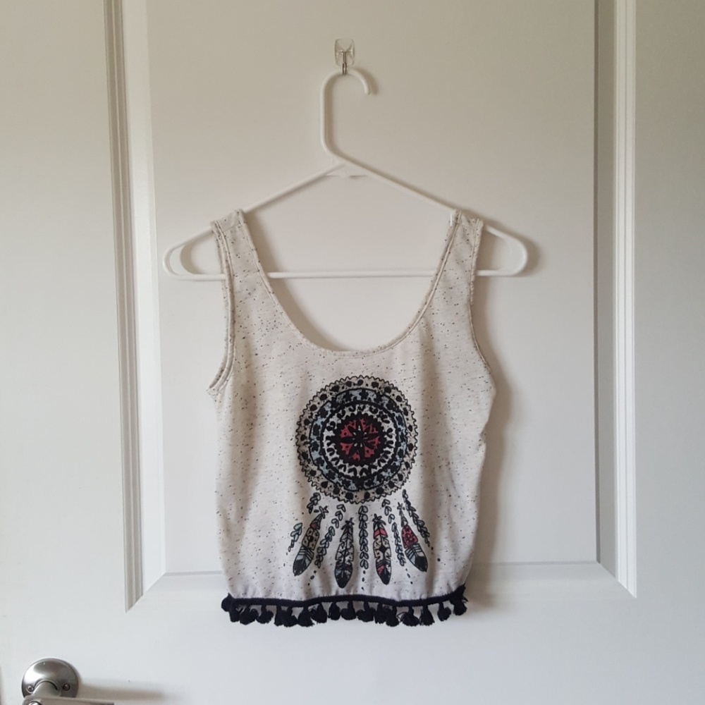Slight Crop Top Tank With Black Tassle Fringe