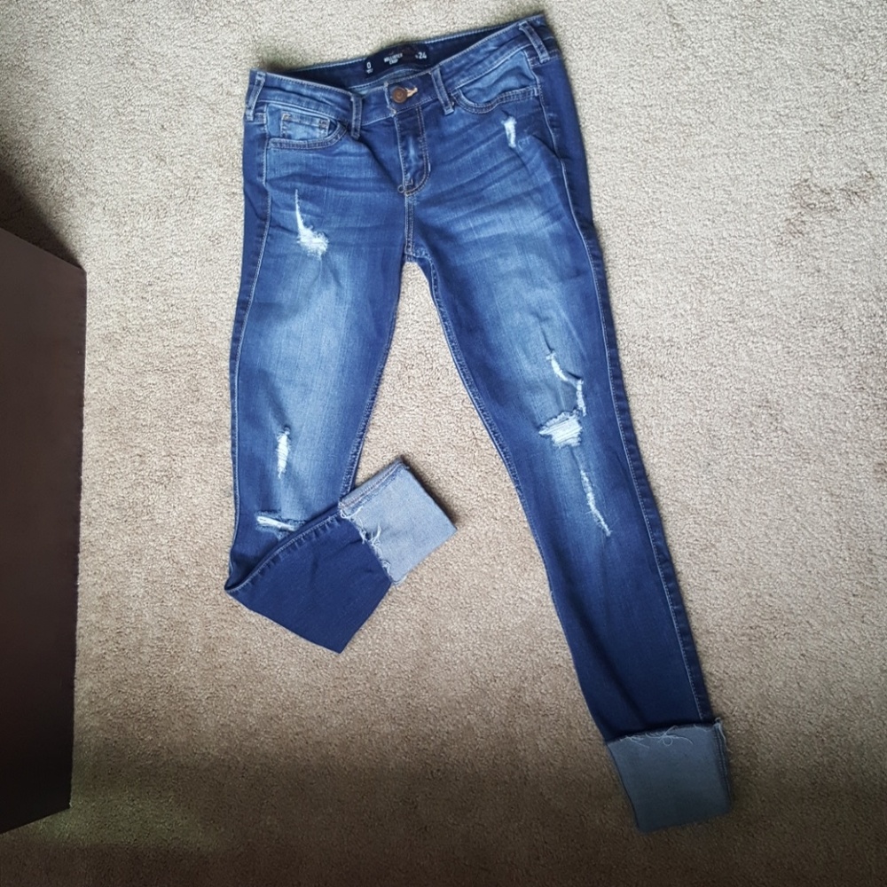 Destroyed Dark Wash Crop Jeans