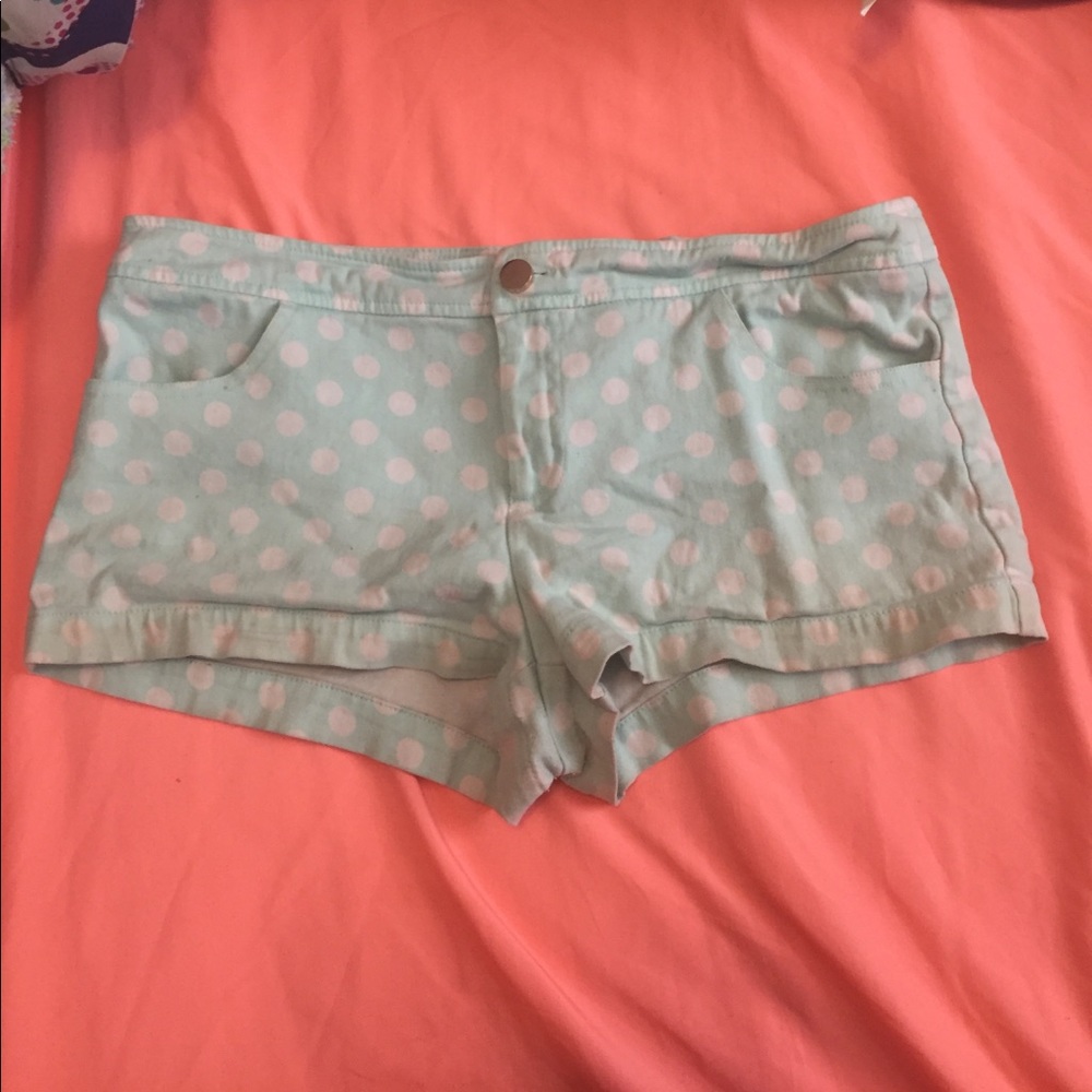 Forever 21 baby blue shorts with white polka dots