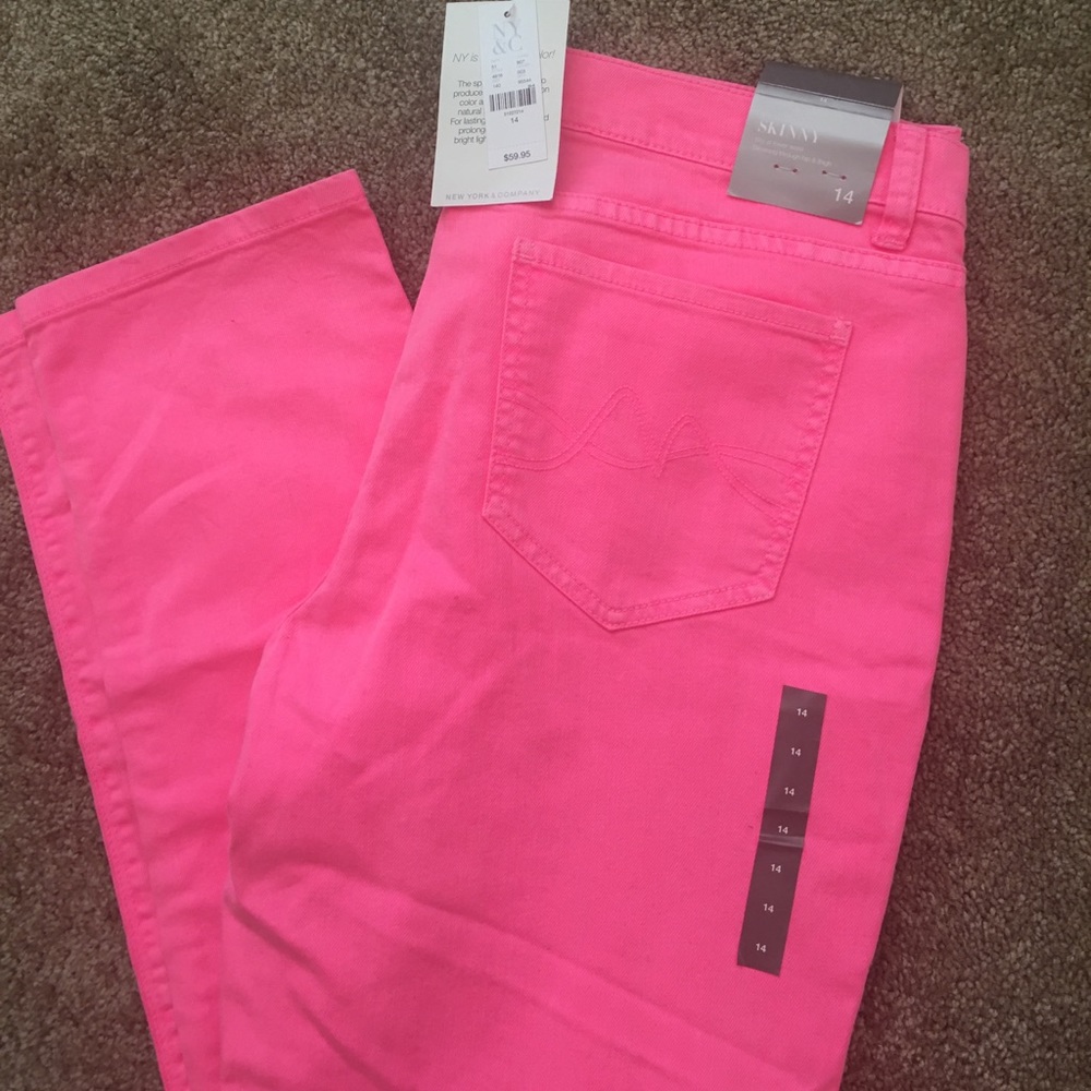 Fluorescent pink denim jeans.