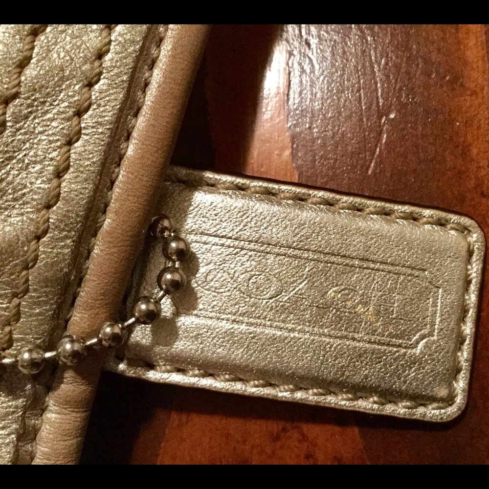 Tan and silver coach purse