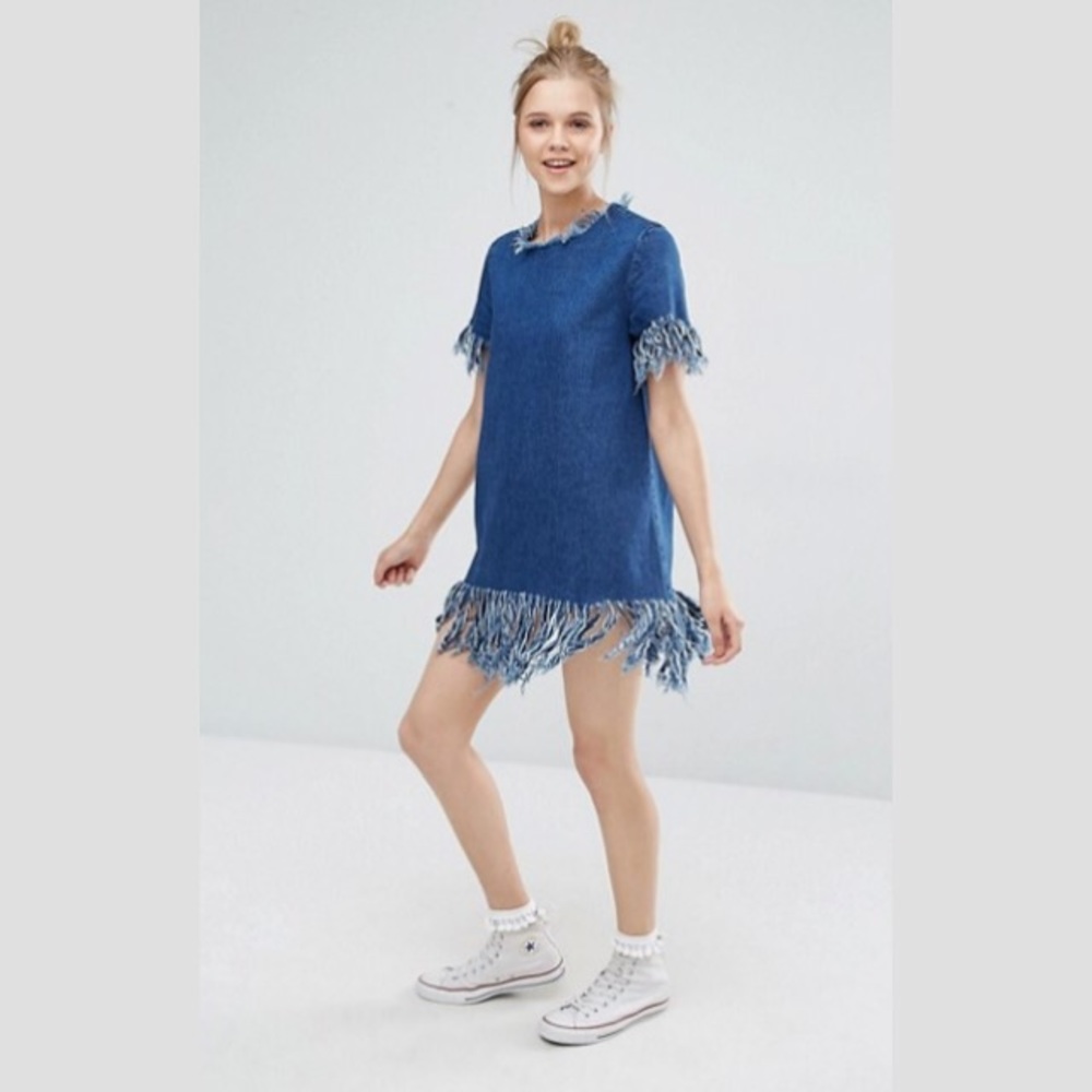 Asos medium wash denim fringe shift dress