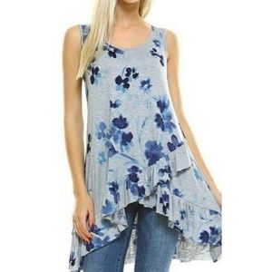Gray and Blue Floral Ruffle Tank