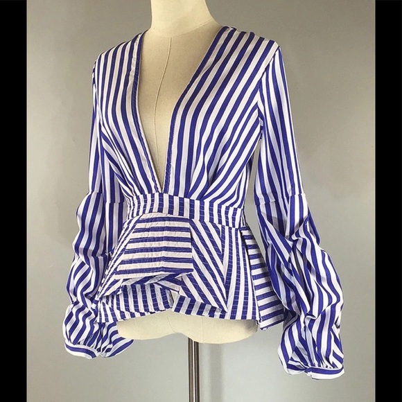 One Medium-Sexy  Blue and White Stripe Blouse - Picture 2 of 3