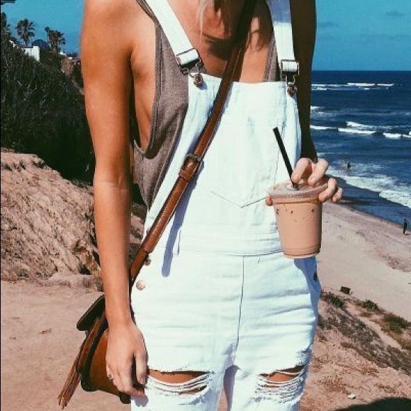 Free People Denim - White ripped overalls small