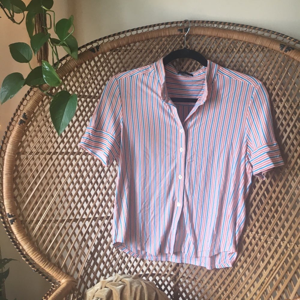 Theory Short Sleeve Button Up Striped Top