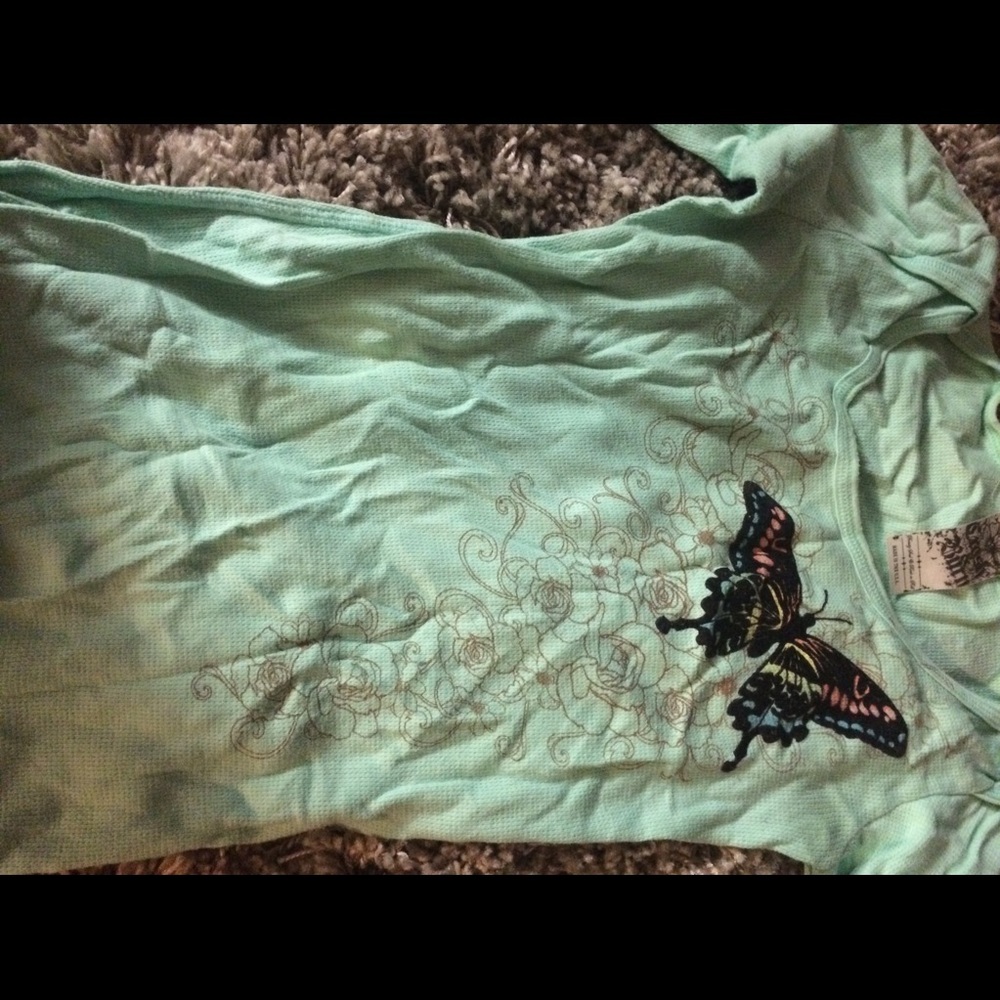 Crash and Burn teal butterfly shirt