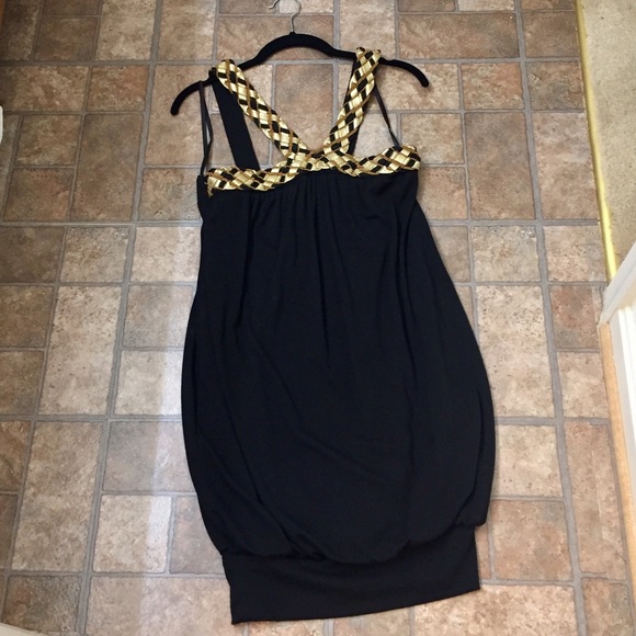 Black Little Dress with Gold, Black & Brown Straps - Picture 1 of 4