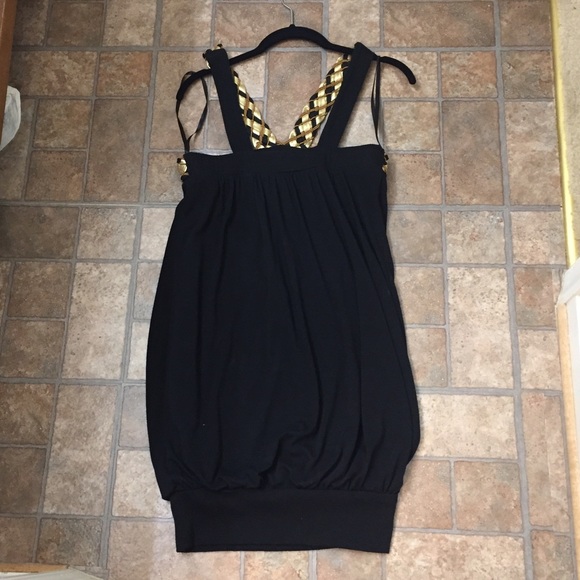 Black Little Dress with Gold, Black & Brown Straps - Picture 3 of 4