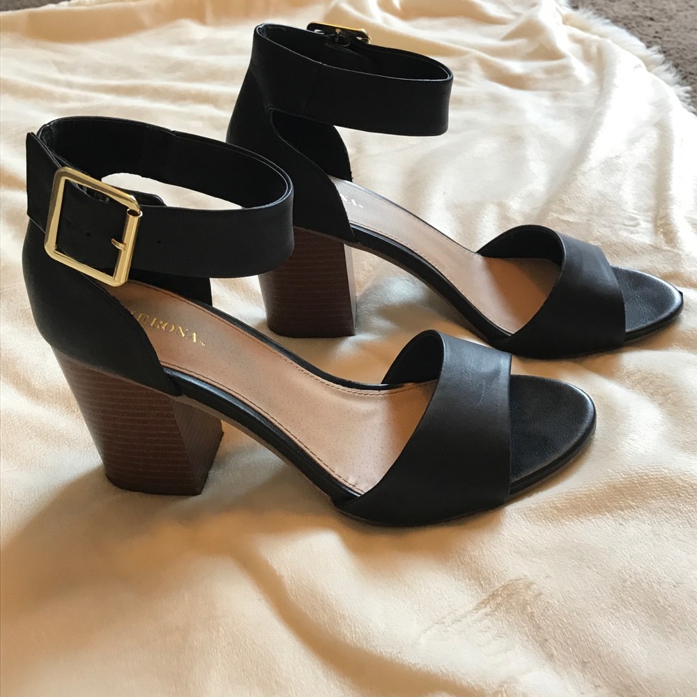 Black block heels with ankle strap