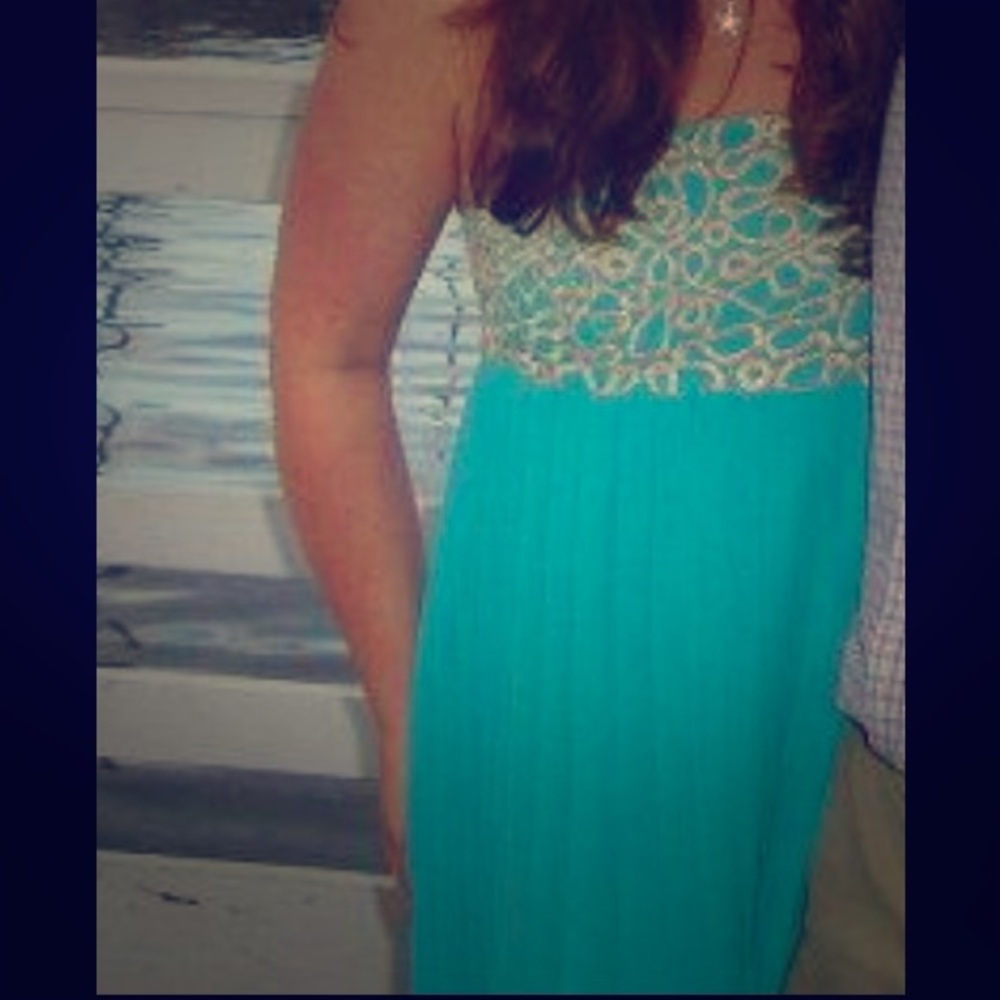 Lilly Pulitzer Blue and Gold Strapless Dress
