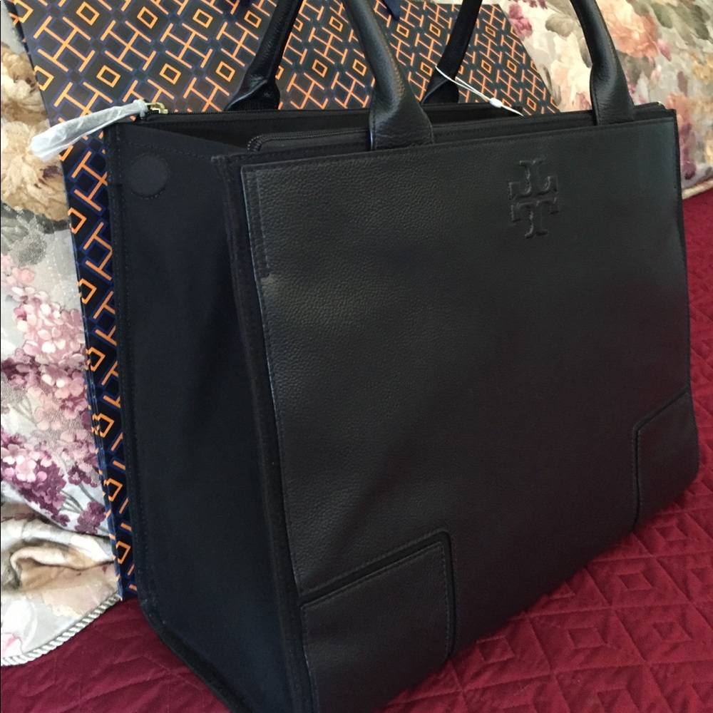Tory Burch Ella Leather/Canvas Tote, Black color - Picture 3 of 8