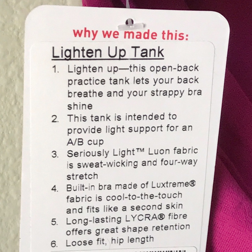 NWT LULULEMON LIGHTEN UP TANK RASPBERRY -- Size 8 - Picture 4 of 5