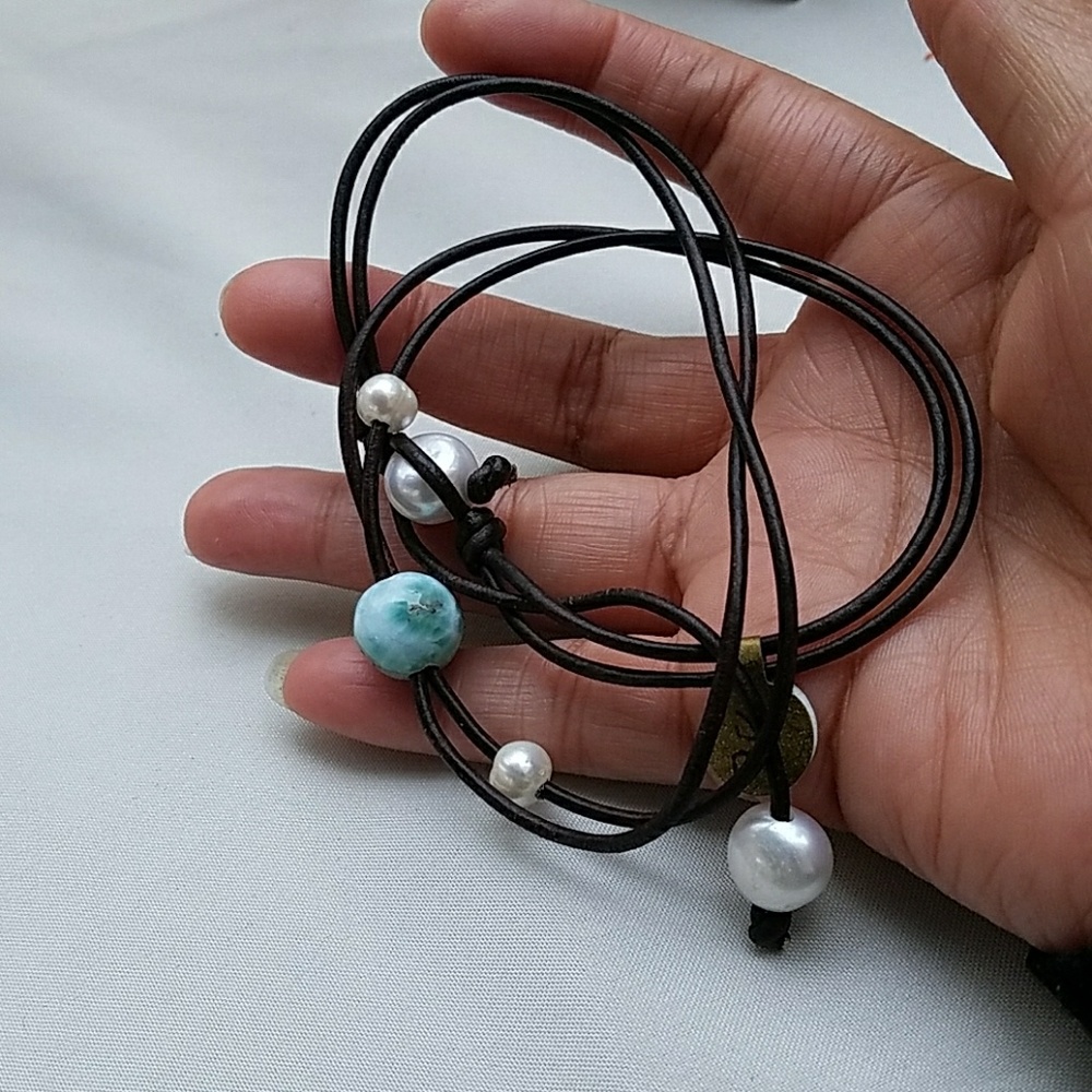 Larimar & Pearl Leather Chocker