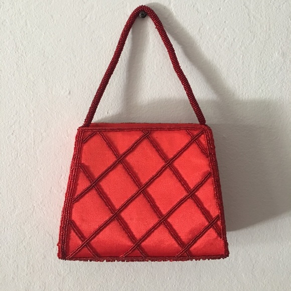 Red Satin Beaded Evening Bag - Picture 1 of 4