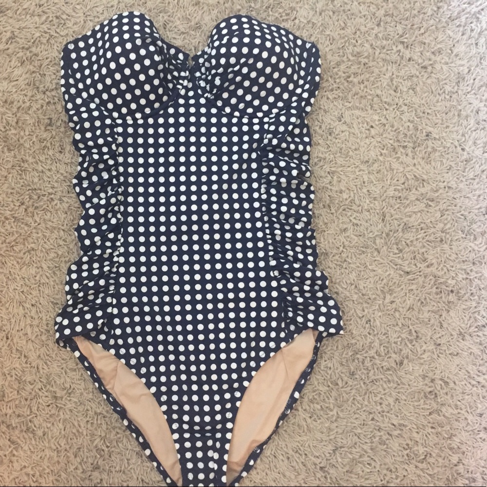 J crew navy and white polka bathing suit.