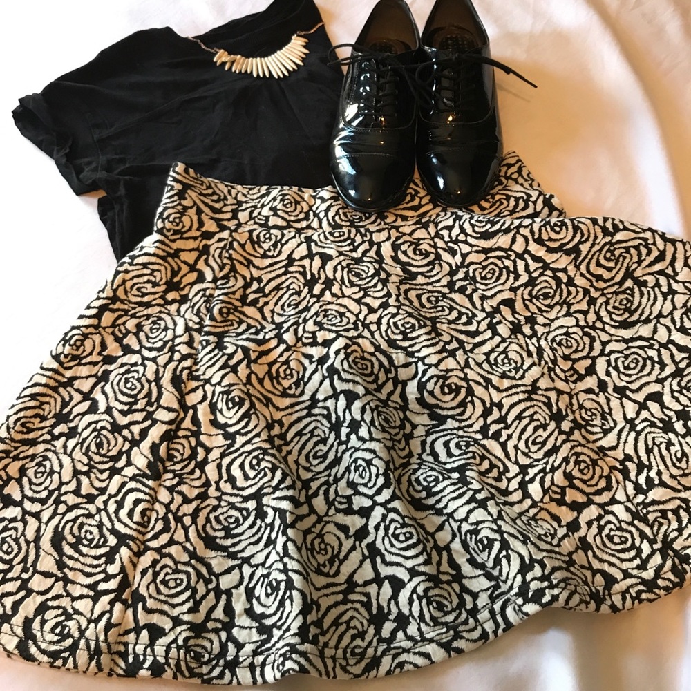 Black and white floral knit skater skirt