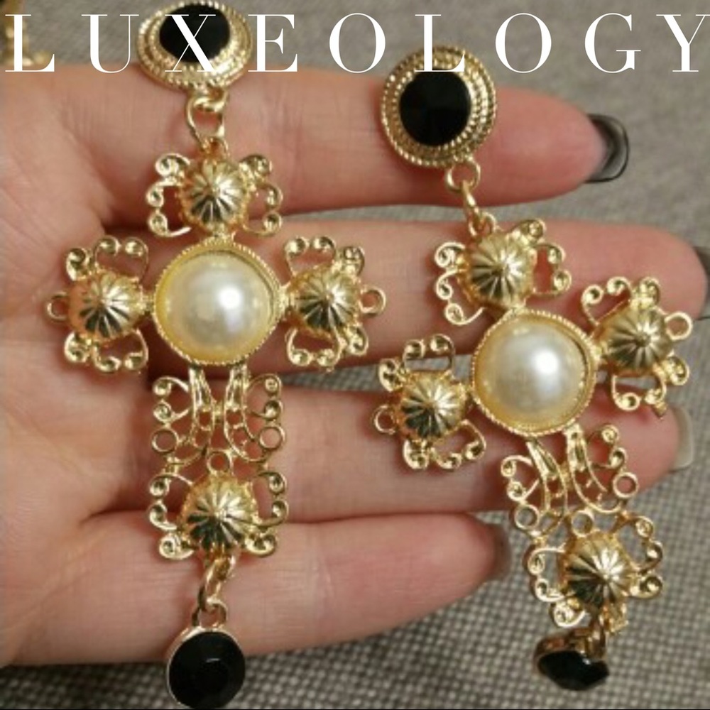 Baroque Pearl & Onyx Cross Drop Earrings