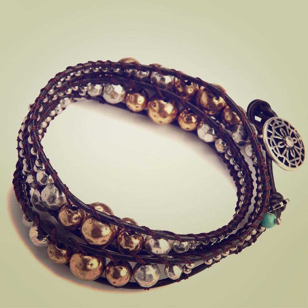 Lucky Brand Silver & Gold Bead Metal Wrap Bracelet