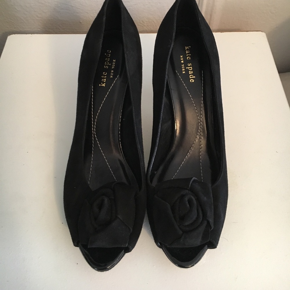 Kate Spade black suede peep toe heels pumps  10