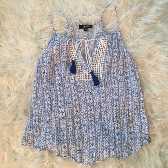 Timing Tops - Blue & white tassel tank top