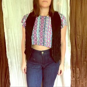 Vintage black suede fringe vest