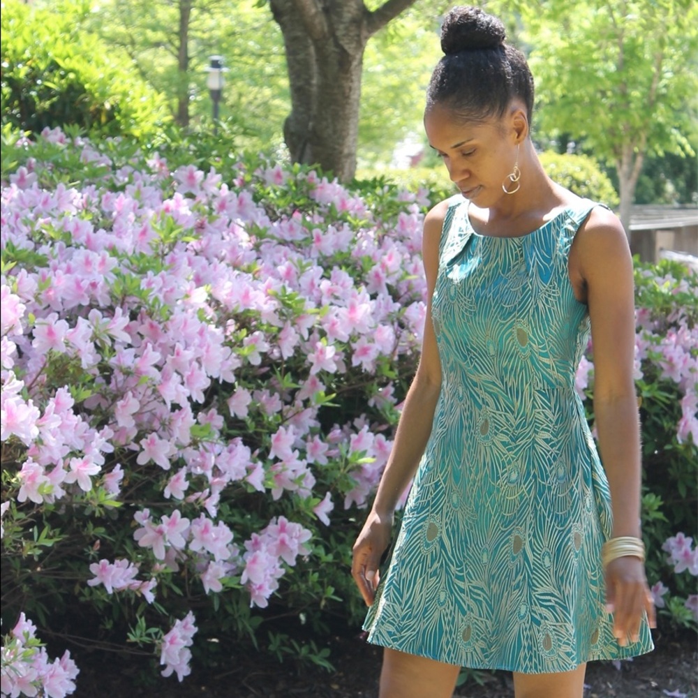 Peacock Feather Print Fit and Flare Dress