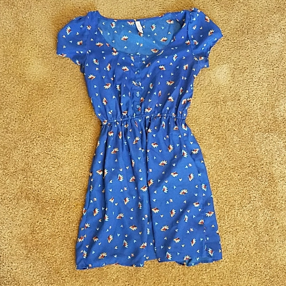 Blue Cap-Sleeve Dress with Pockets