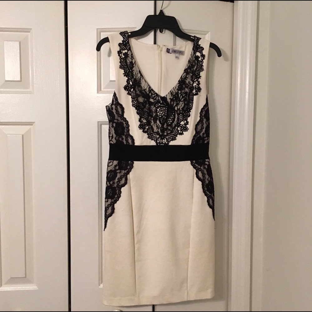 Jennifer Lopez cream with black lace dress